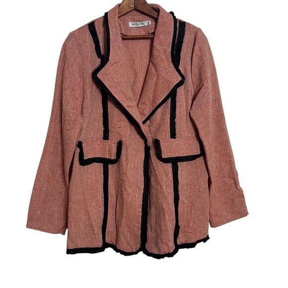 Misslook Tweed Piping Fray Oversized Long Sleeve Blazer Suit Jacket Red Black XL - Picture 1 of 9